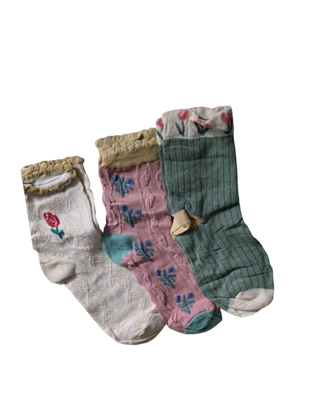 Womens Floral Knit Crew Socks - Pink, Cream & Teal (3-Pack) - Picture 2 of 2